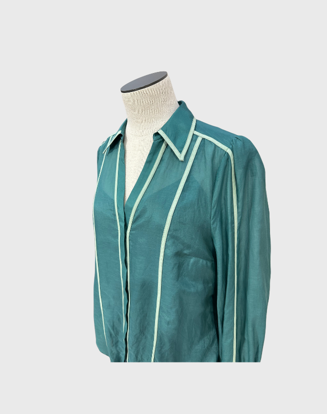 ONCE WAS PISCES COTTON SILK CUT AWAY CONTRAST BINDING SHIRT - SIZE 2