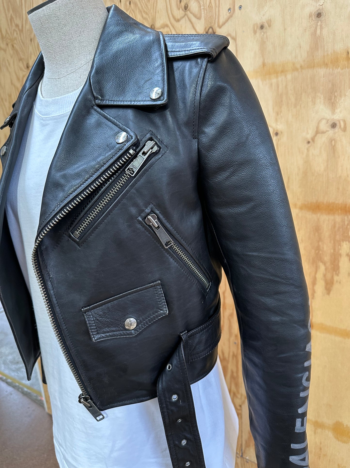 BALENCIAGA PAINTED LOGO LEATHER BIKER JACKET - SIZE 34