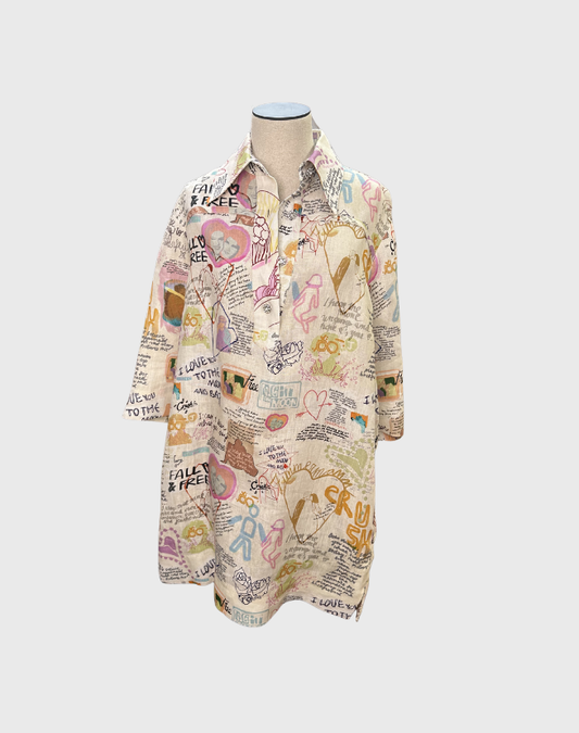 ZIMMERMANN GRAFFITI PRINTED LINEN MINI SHIRT DRESS - $490
