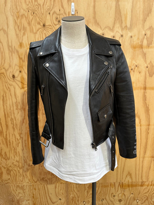 BALENCIAGA PAINTED LOGO LEATHER BIKER JACKET - SIZE 34
