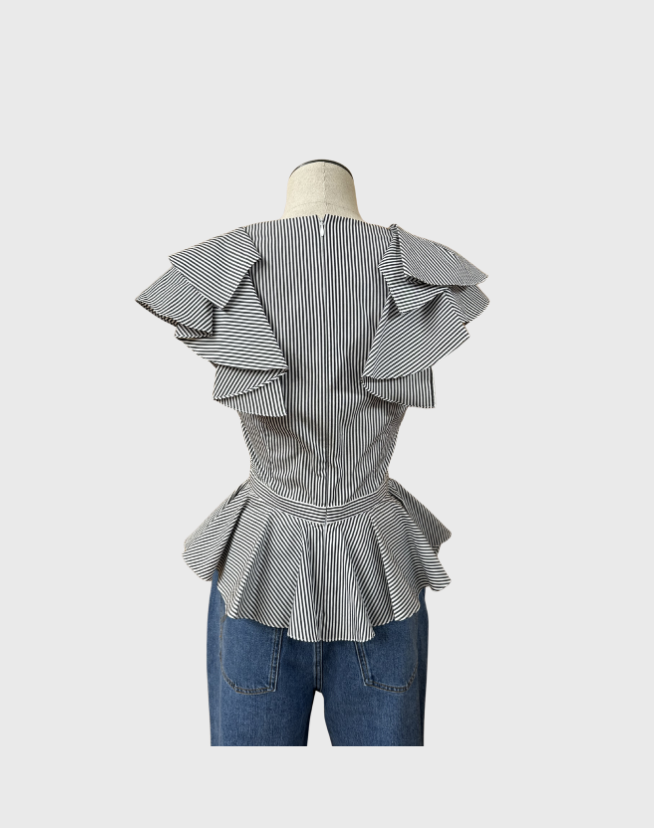 ALEXANDER MCQUEEN STRIPED RUFFLE FRONT BLOUSE - SIZE 8