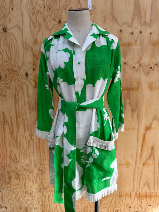 OROTON BELTED FLORAL PRINT FRINGE TRIM MINI DRESS - SIZE 6