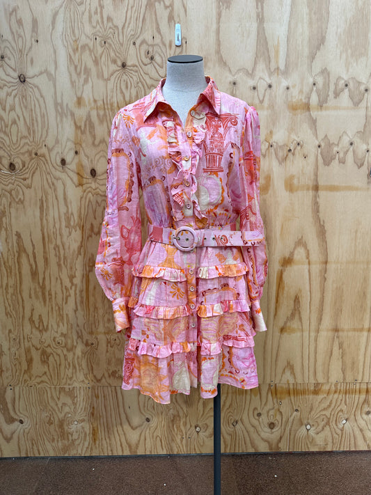 KATE FORD FLORAL LAYERED MINI DRESS WITH BELT - SIZE 3