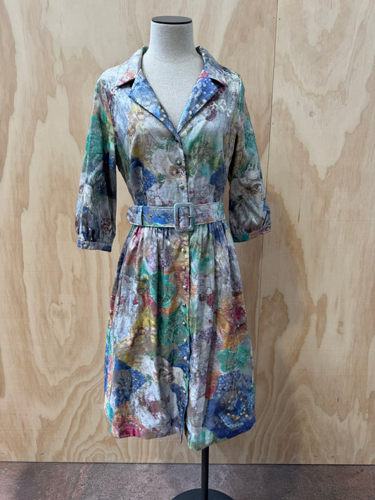 LEONA EDMINSTON WATERCOLOUR PRINT MIDI SHIRT DRESS - SIZE 3