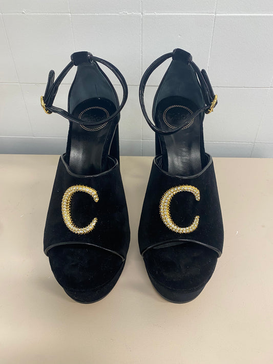 CHLOE C LOGO EMBELLISHED VELVET PLATFORM SANDALS - SIZE 391/2