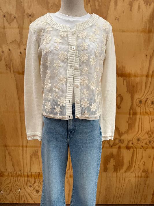 TWIN SET CREAM SHEER FLORAL CARDIGAN - SIZE M