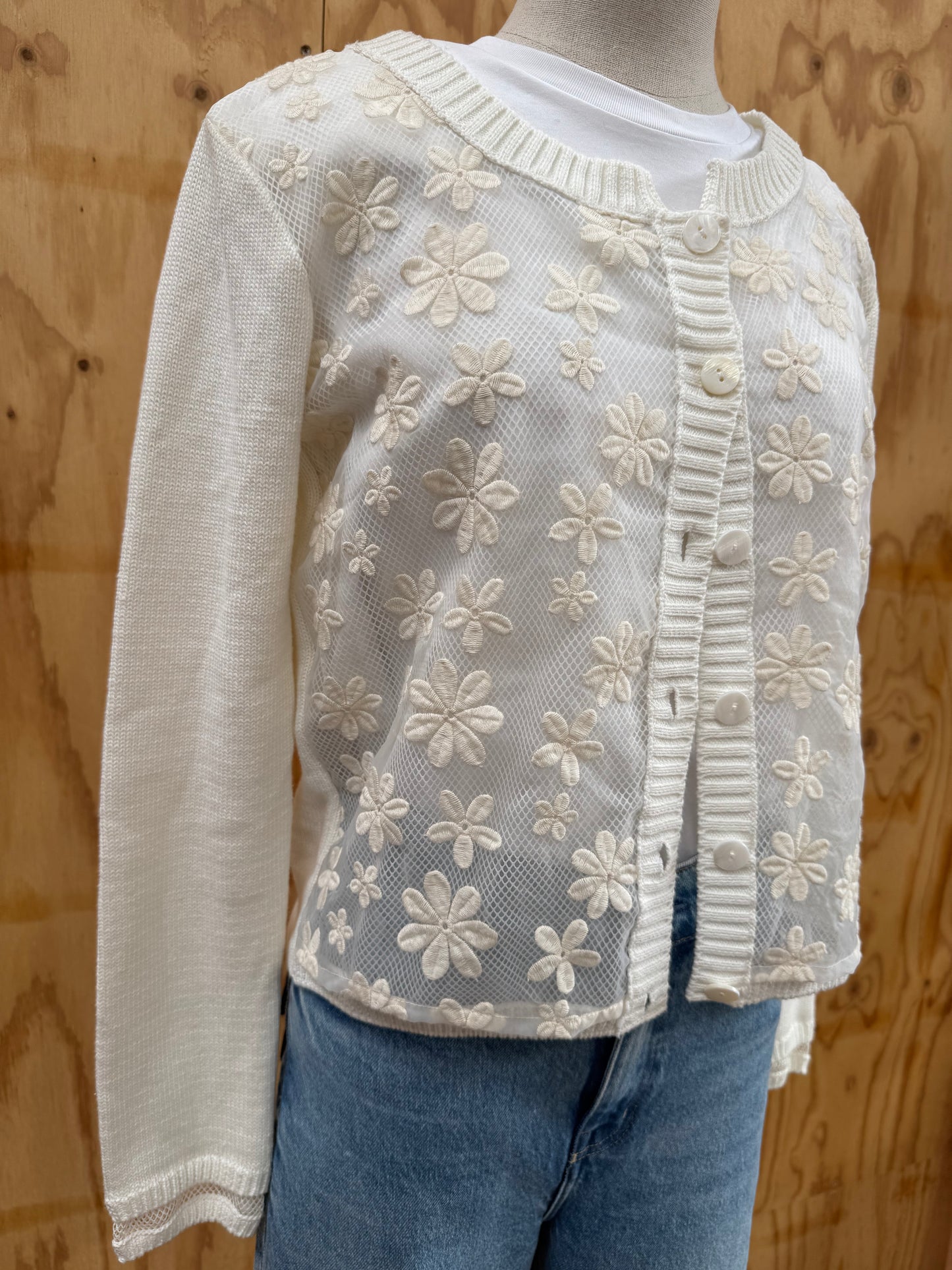 TWIN SET CREAM SHEER FLORAL CARDIGAN - SIZE M
