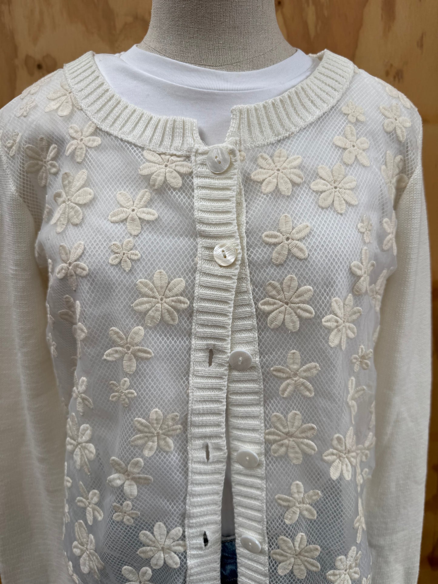 TWIN SET CREAM SHEER FLORAL CARDIGAN - SIZE M