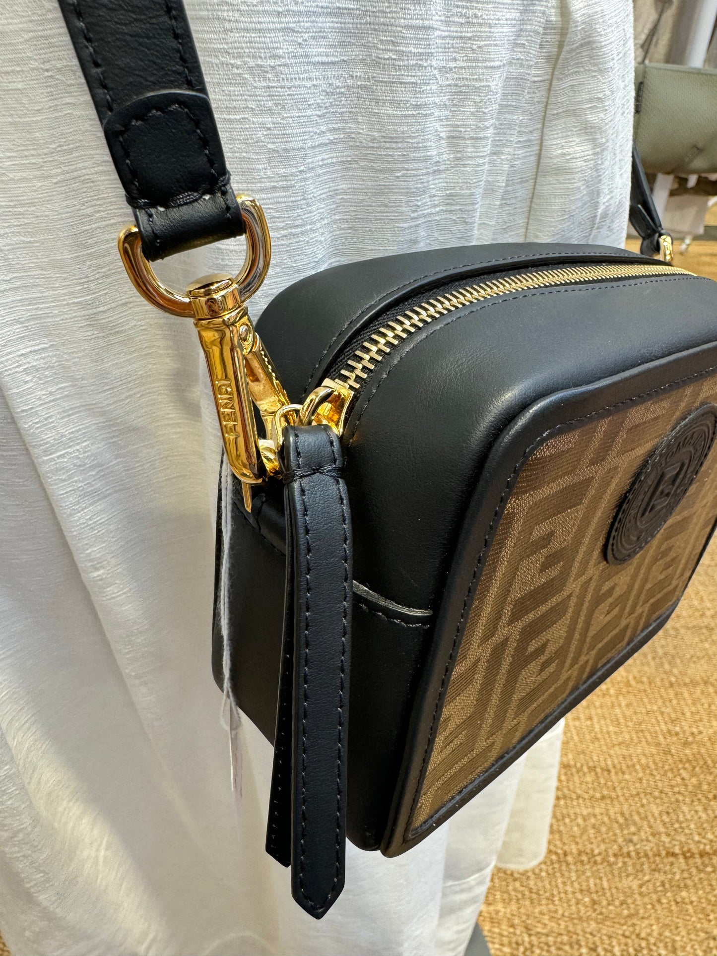 FENDI BLK/BROWN COATED CANVAS AND LEATHER MINI CAMERA CASE SHOULDER BAG