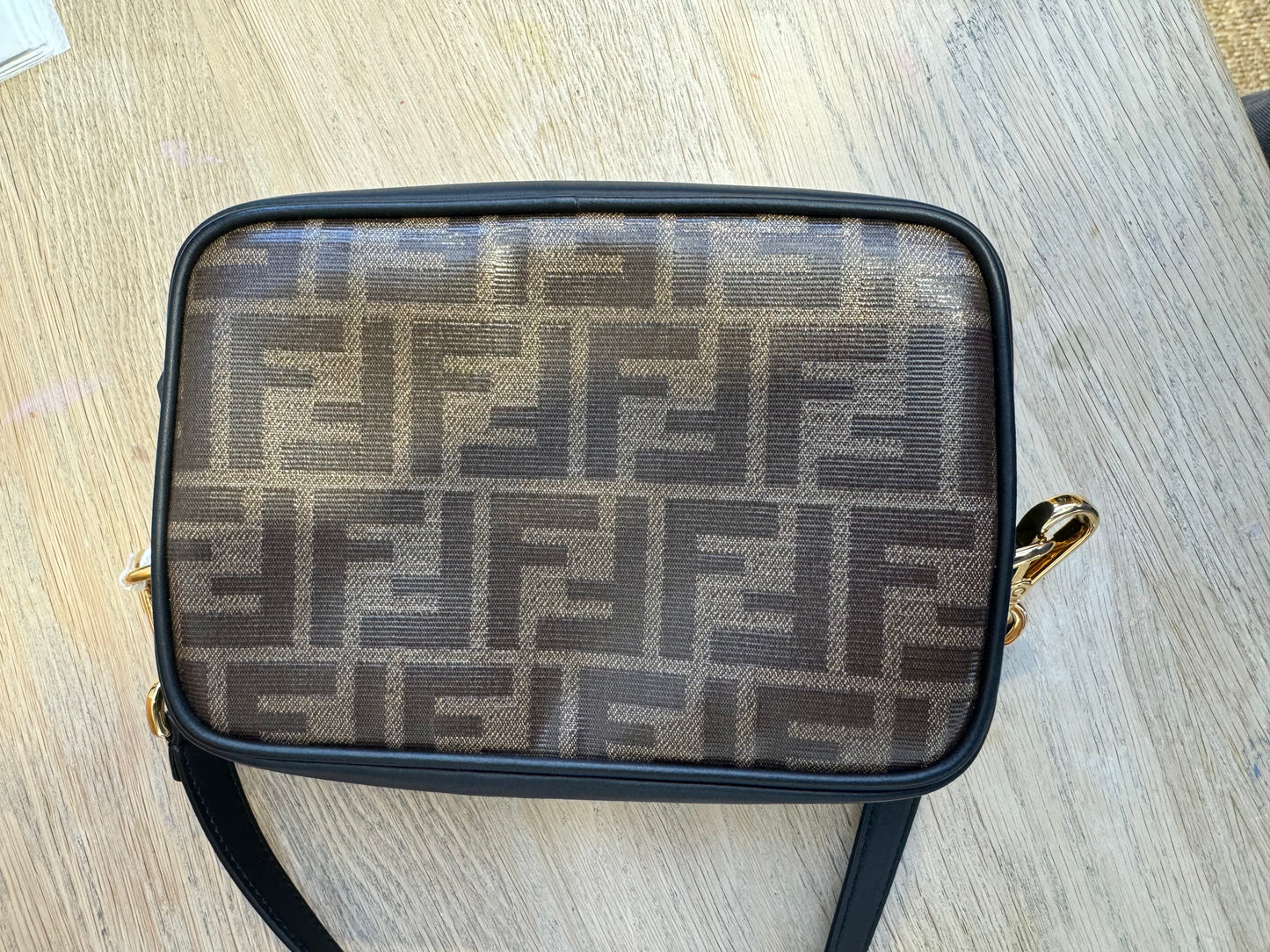FENDI BLK/BROWN COATED CANVAS AND LEATHER MINI CAMERA CASE SHOULDER BAG