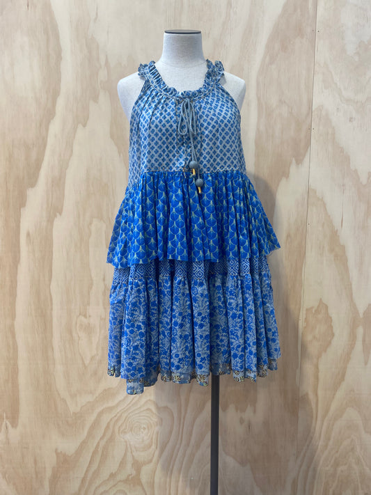 YVONNE S HIPPY BLUE PRINTED COTTON TIERED BABYDOLL DRESS - M