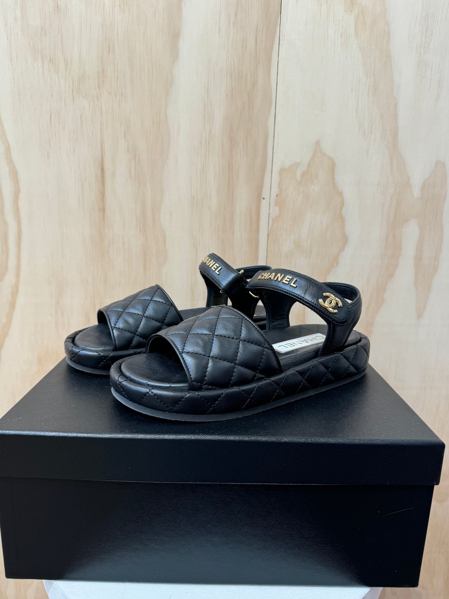 CHANEL LAMBSKIN QUILTED DAD SANDALS - SIZE 37.5