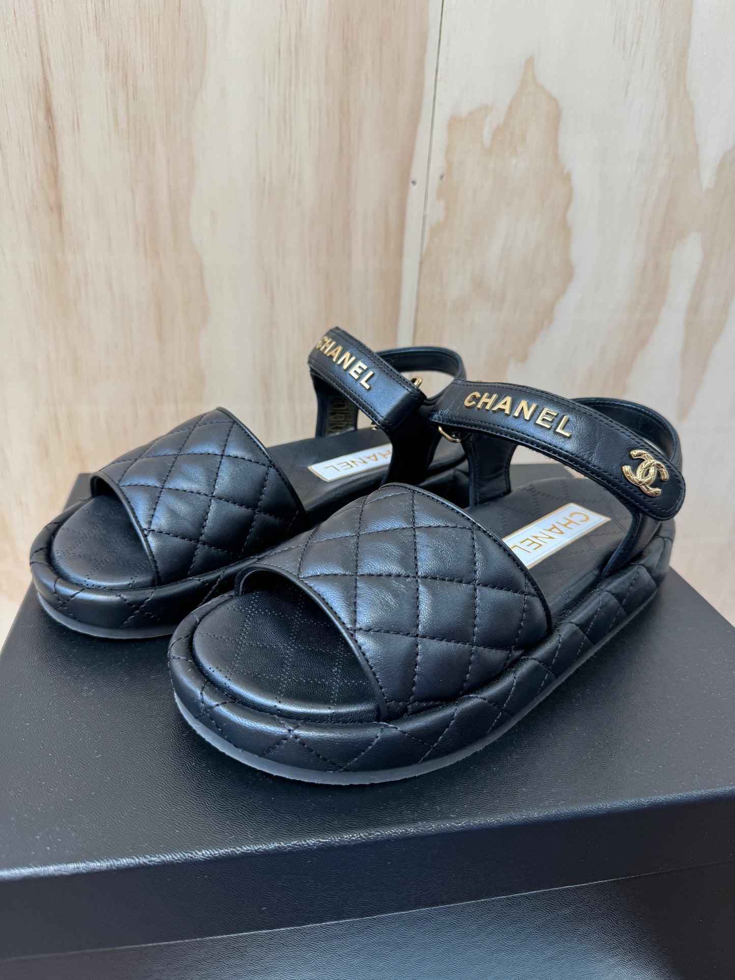 CHANEL LAMBSKIN QUILTED DAD SANDALS - SIZE 37.5