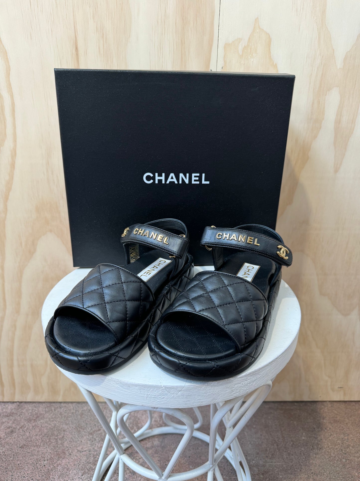 CHANEL LAMBSKIN QUILTED DAD SANDALS - SIZE 37.5