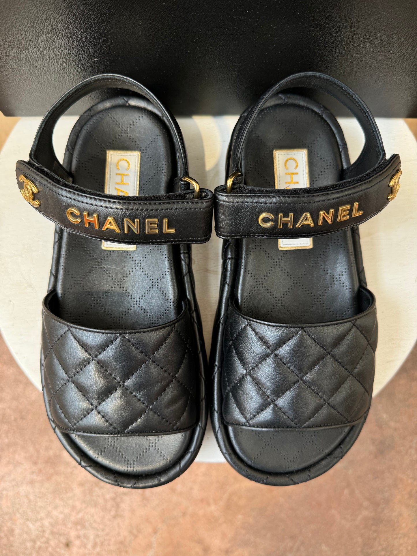 CHANEL LAMBSKIN QUILTED DAD SANDALS - SIZE 37.5