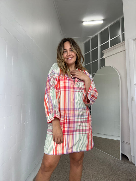 OROTON CHECK MIDI SHIRT DRESS WITH OVERSIZED POCKETS - SIZE M