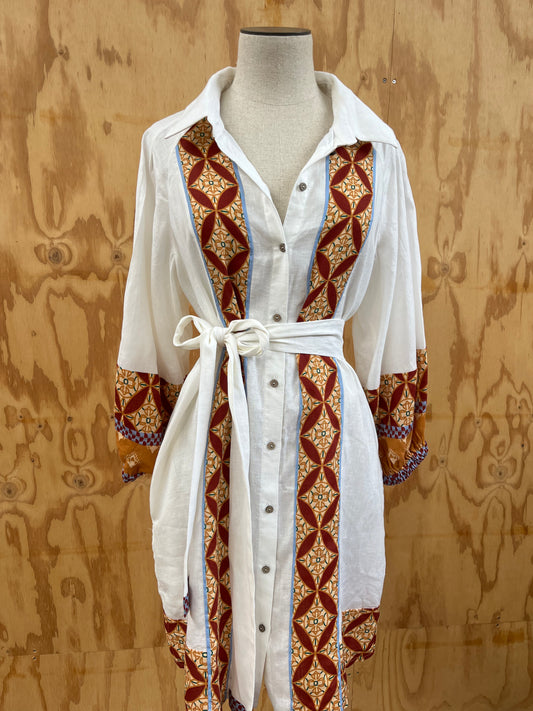 HUSK MYA AZTEC LINEN MINI DRESS - SIZE 12