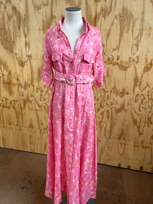PALM NOOSA MEMENTO DRESS IN PINK PALMS - SIZE 10