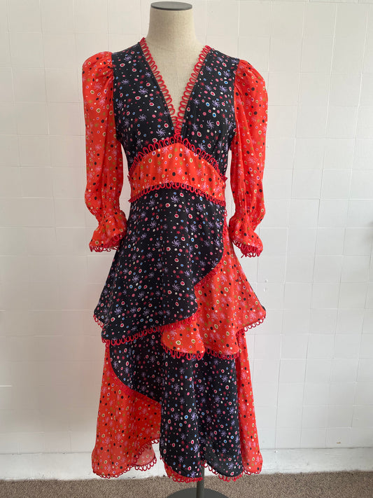 CELIA B LONG SLEEVE TIERED MIDI DRESS - SIZE S