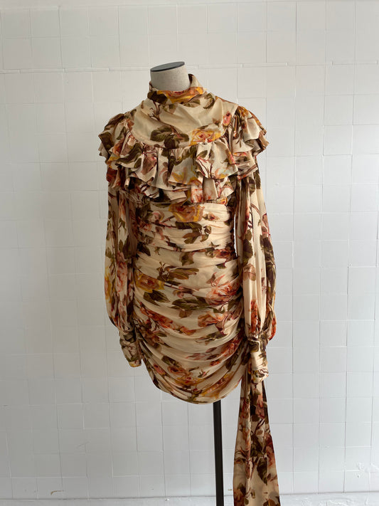 ZIMMERMANN RESISTANCE RUFFLE SHOULDER SILK MINI DRESS - SIZE 3