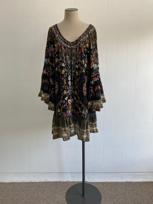 CAMILLA LONG SLEEVE BLACK FLORAL BEADED MINI DRESS - SIZE M