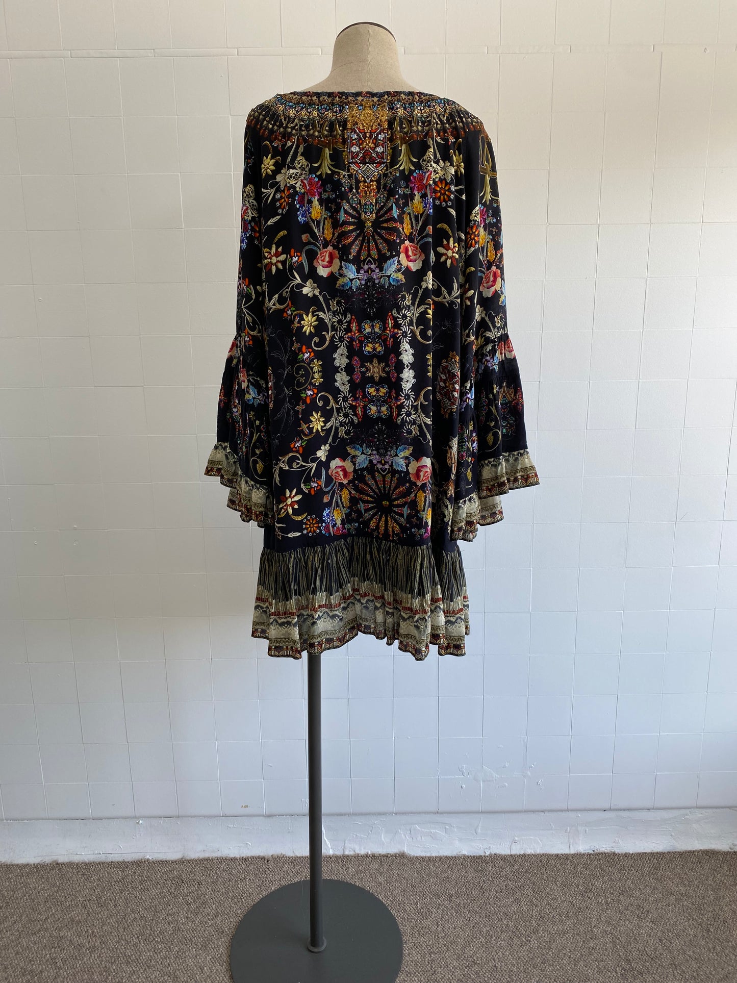 CAMILLA LONG SLEEVE BLACK FLORAL BEADED MINI DRESS - SIZE M