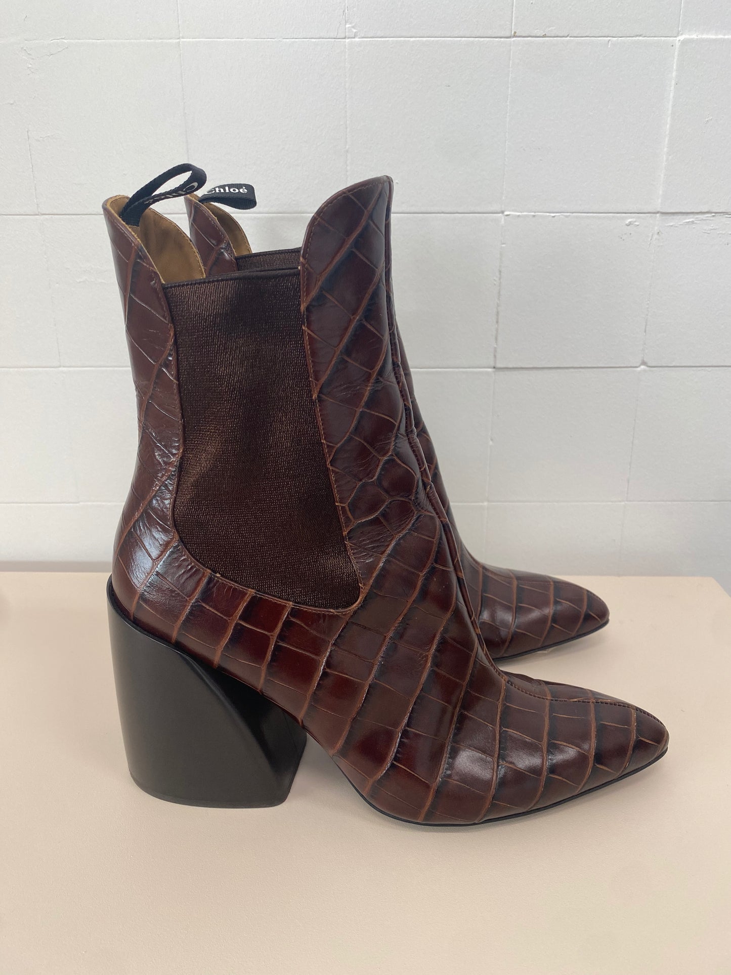 CHLOE CHOCOLATE SNAKESKIN BOOTS - SIZE 40