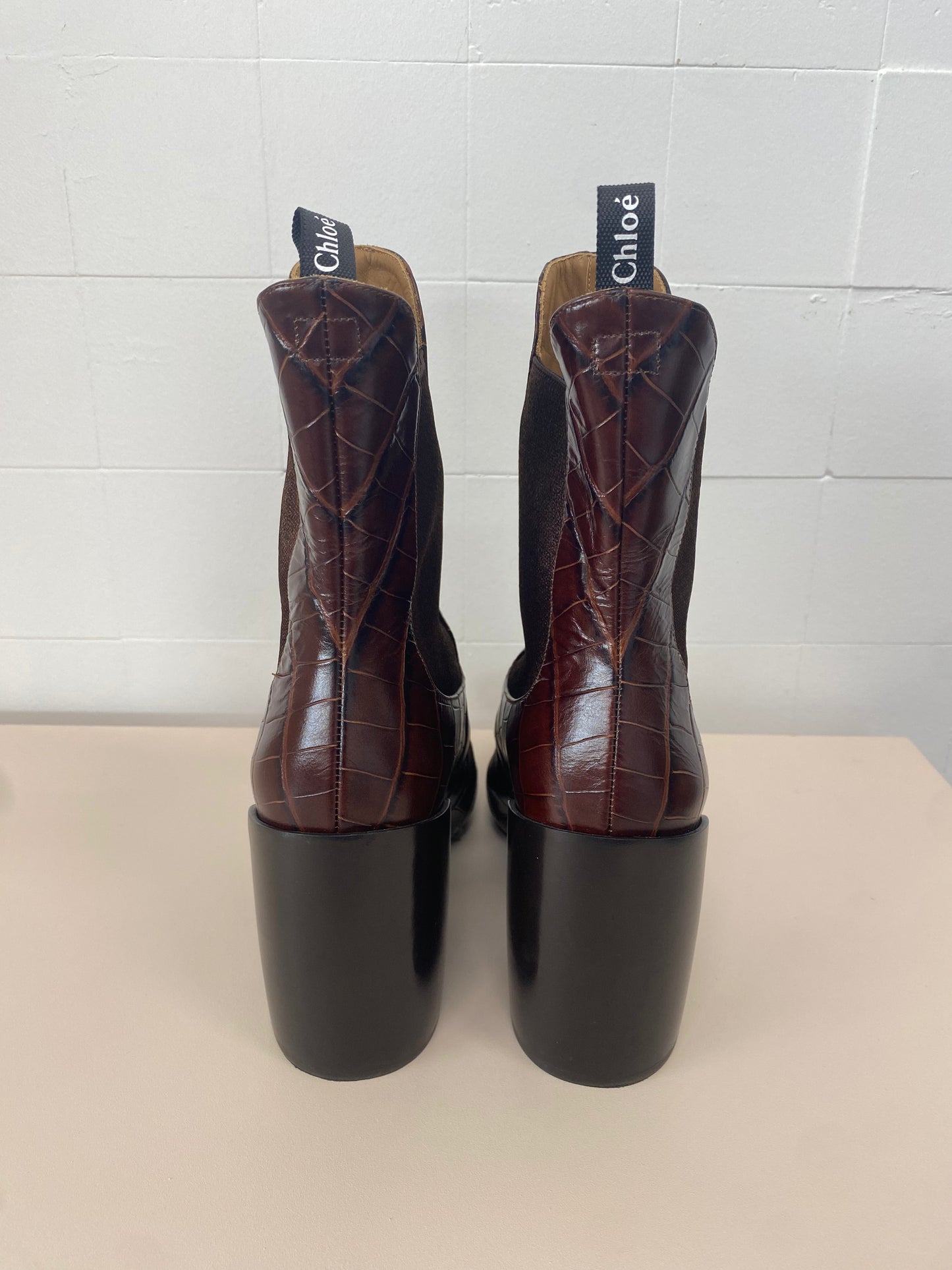 CHLOE CHOCOLATE SNAKESKIN BOOTS - SIZE 40