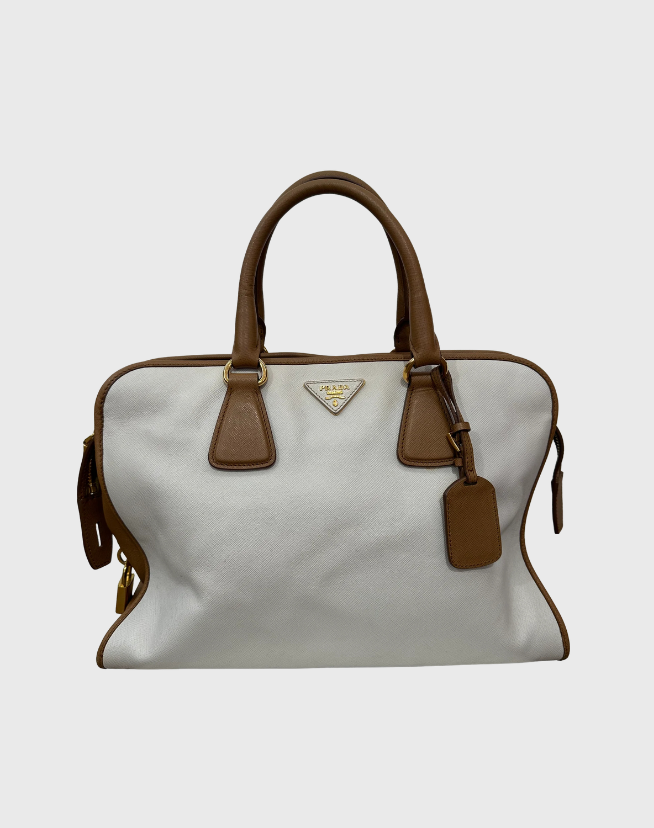 PRADA BROWN/OFF WHITE SAFFIANO LUX LEATHER CANAPA TOTE