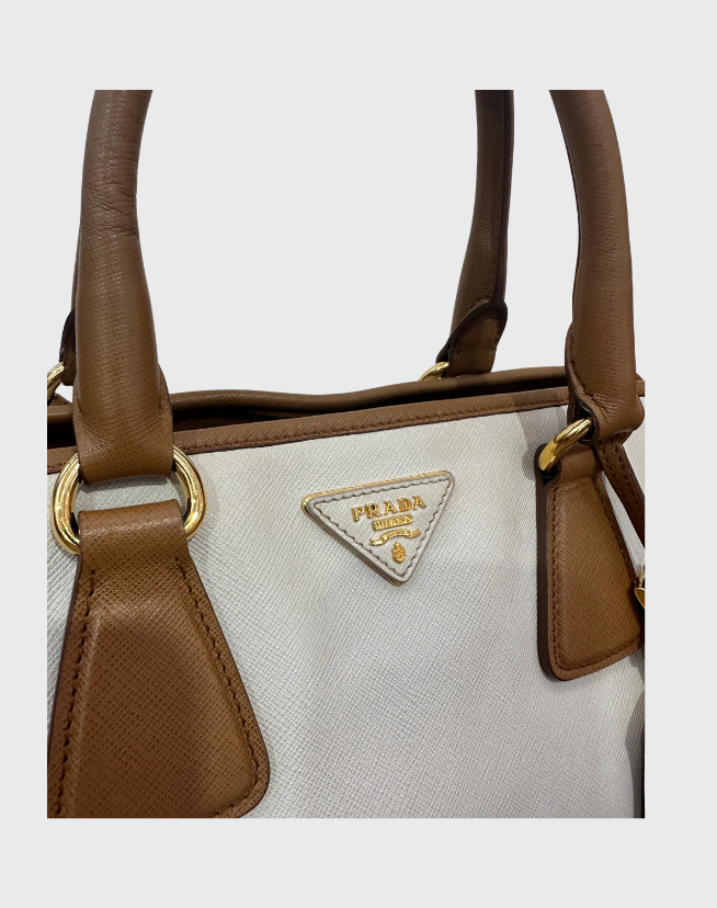 PRADA BROWN/OFF WHITE SAFFIANO LUX LEATHER CANAPA TOTE