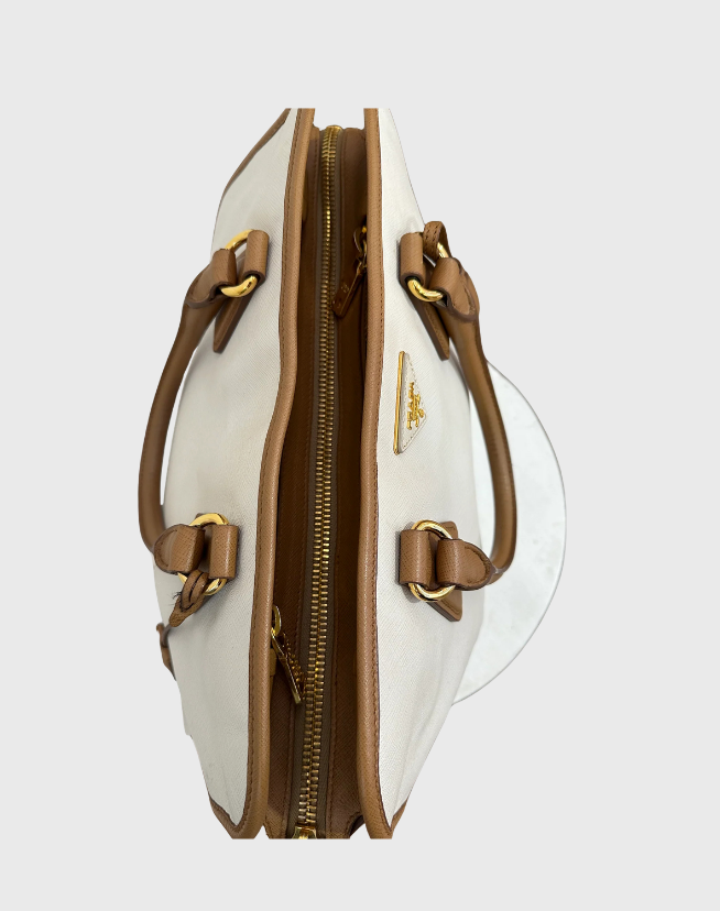 PRADA BROWN/OFF WHITE SAFFIANO LUX LEATHER CANAPA TOTE