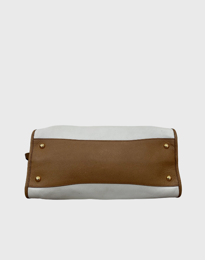 PRADA BROWN/OFF WHITE SAFFIANO LUX LEATHER CANAPA TOTE
