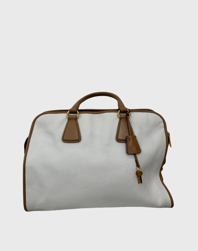 PRADA BROWN/OFF WHITE SAFFIANO LUX LEATHER CANAPA TOTE