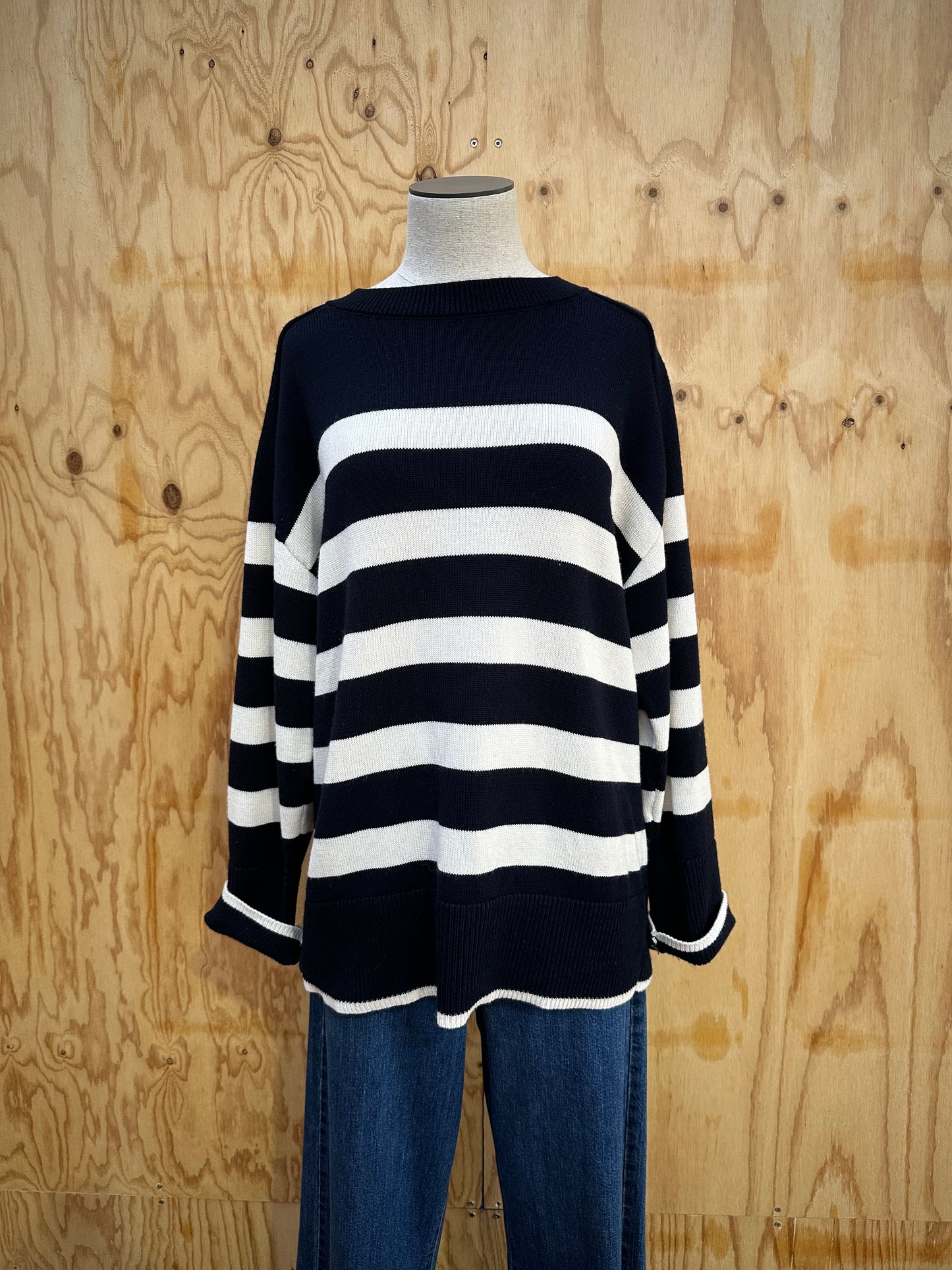 COS NAVY AND WHITE STRIPE JUMPER - SIZE LARGE