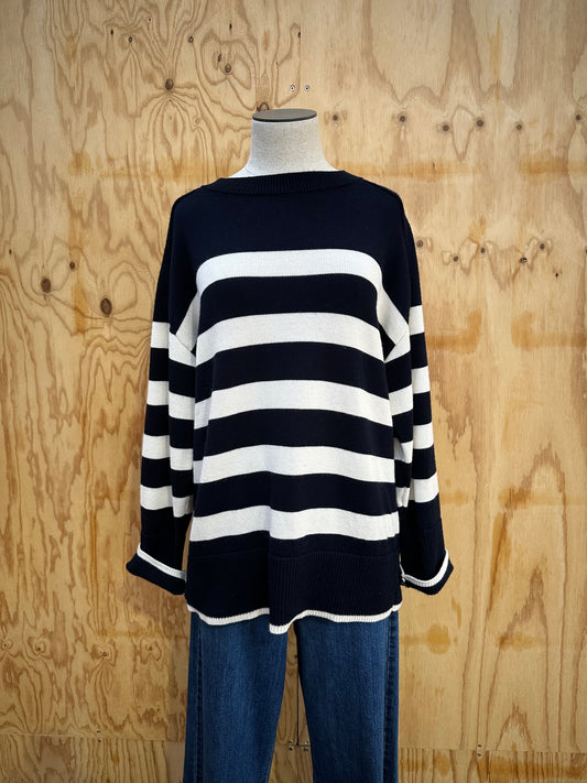 COS NAVY AND WHITE STRIPE JUMPER - SIZE LARGE