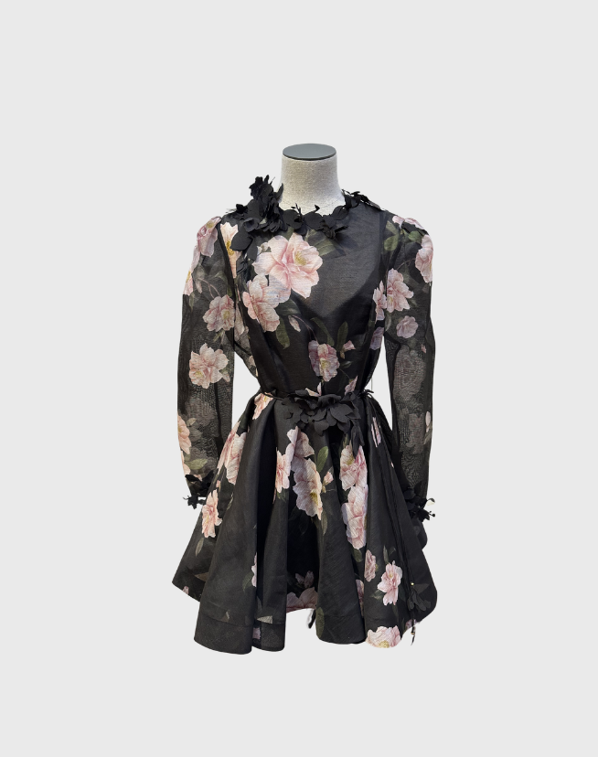 ZIMMERMANN NATURA LIFT OFF MINI DRESS IN BLACK CAMELLIA - SIZE 3