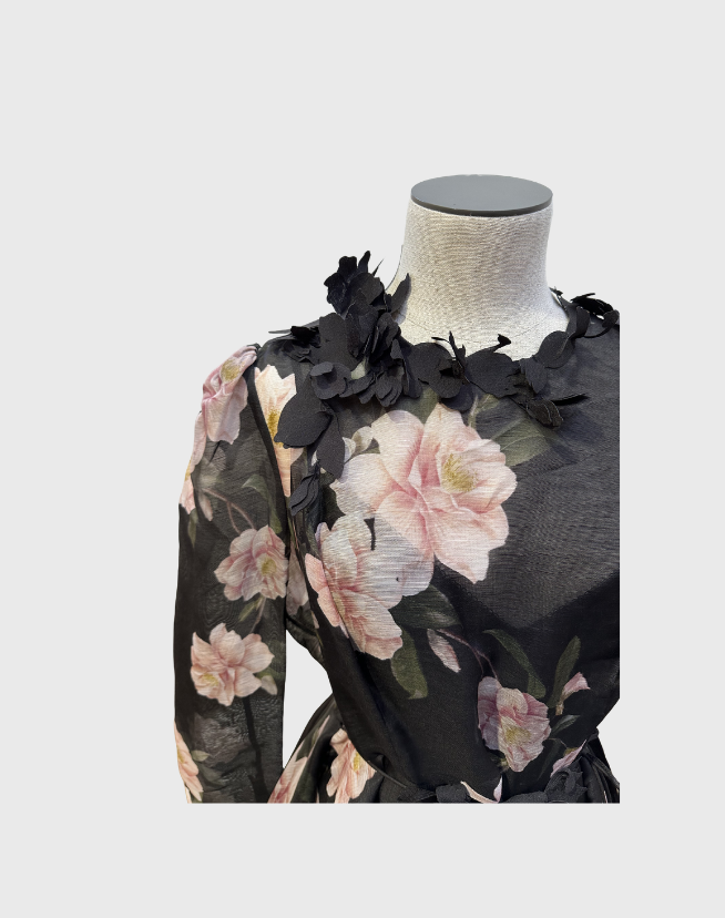 ZIMMERMANN NATURA LIFT OFF MINI DRESS IN BLACK CAMELLIA - SIZE 3