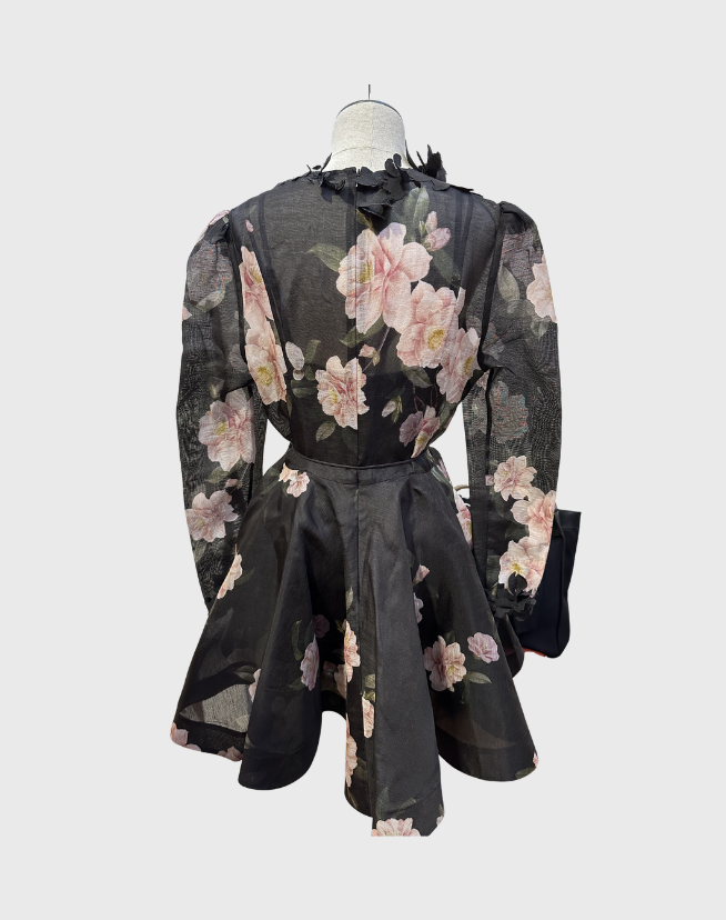ZIMMERMANN NATURA LIFT OFF MINI DRESS IN BLACK CAMELLIA - SIZE 3