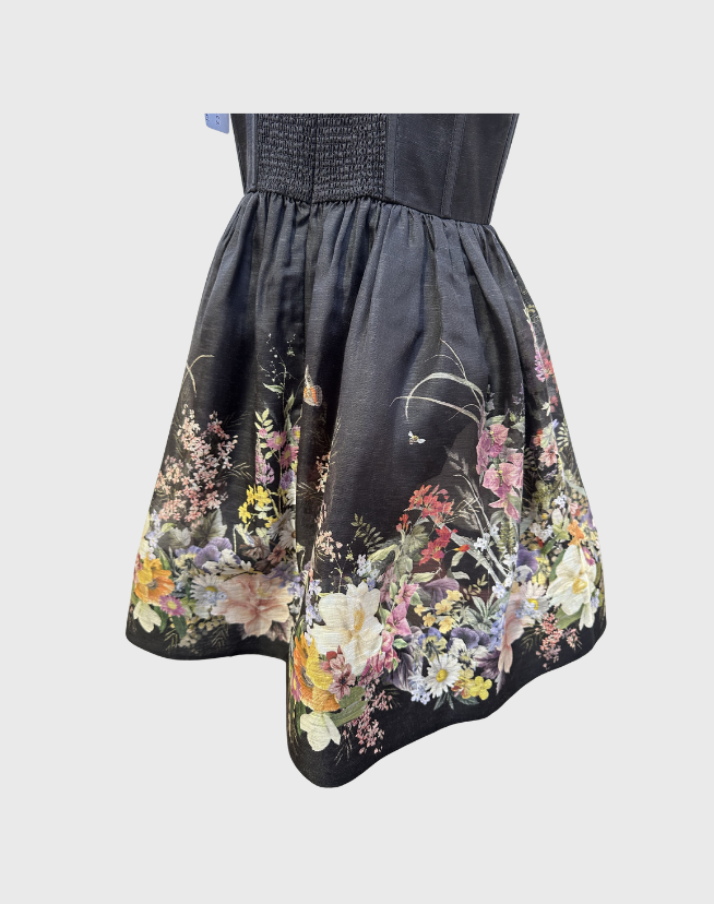 ZIMMERMANN NATURA RUCHED MINI DRESS IN BLACK WILD FLOWERS - SIZE 3