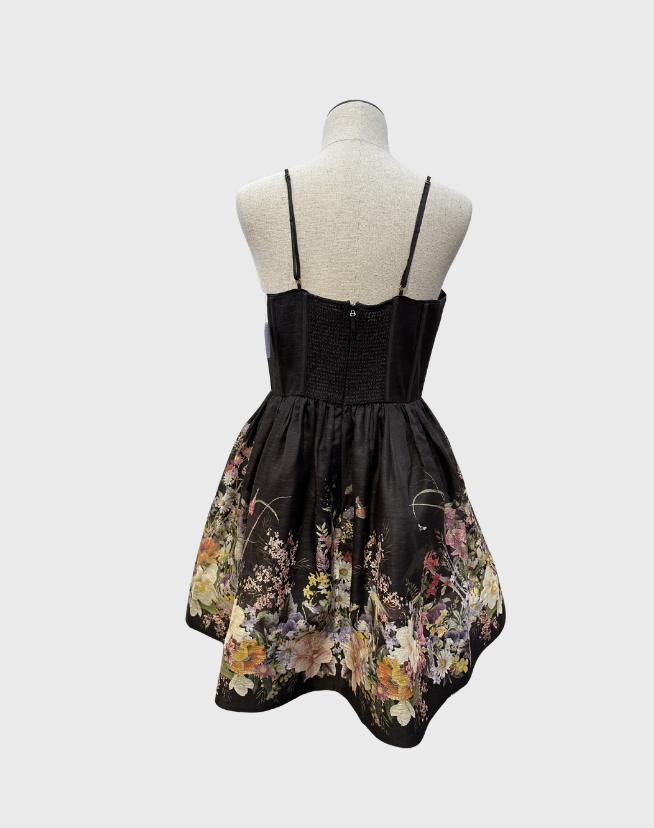 ZIMMERMANN NATURA RUCHED MINI DRESS IN BLACK WILD FLOWERS - SIZE 3