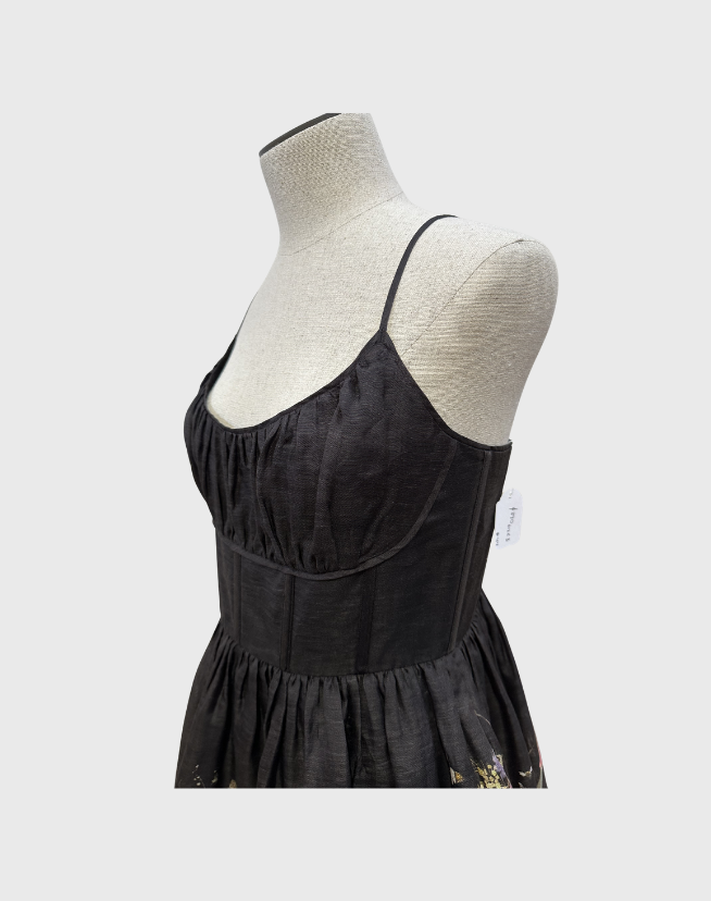ZIMMERMANN NATURA RUCHED MINI DRESS IN BLACK WILD FLOWERS - SIZE 3