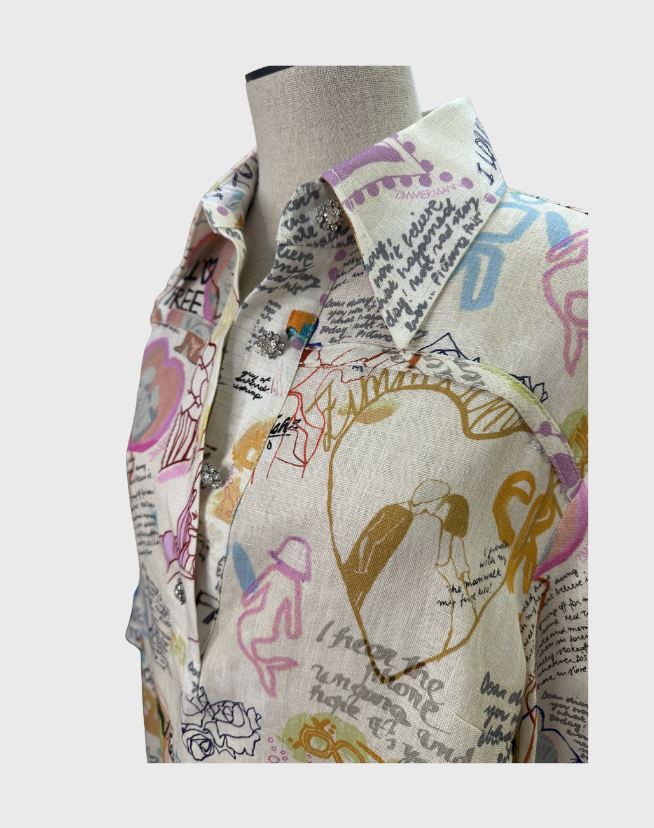 ZIMMERMANN GRAFFITI PRINTED LINEN MINI SHIRT DRESS - $490