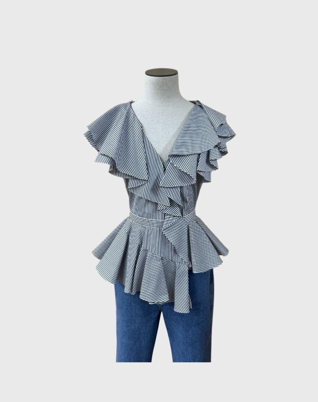 ALEXANDER MCQUEEN STRIPED RUFFLE FRONT BLOUSE - SIZE 8