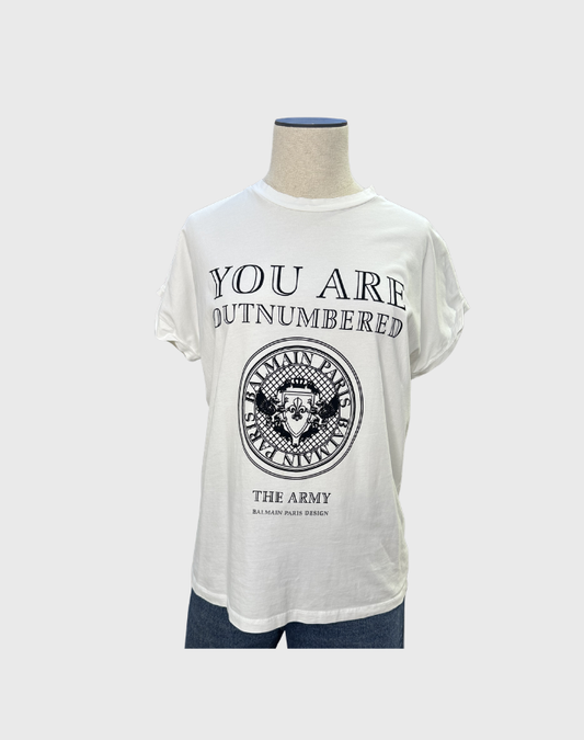 BALMAIN YOU ARE OUTNUMBERED ARMY VELVET PRINT TSHIRT - SIZE 38
