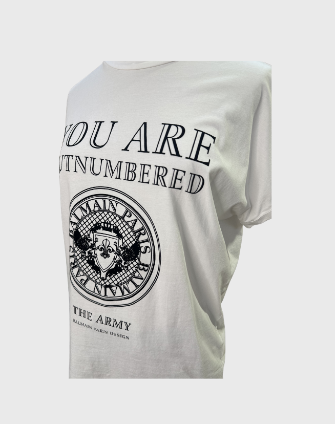 BALMAIN YOU ARE OUTNUMBERED ARMY VELVET PRINT TSHIRT - SIZE 38