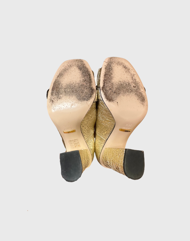 GUCCI GOLD FOIL LEATHER GG MARMONT FRINGE DETAIL BLOCK HEEL PUMPS - SIZE 36.5