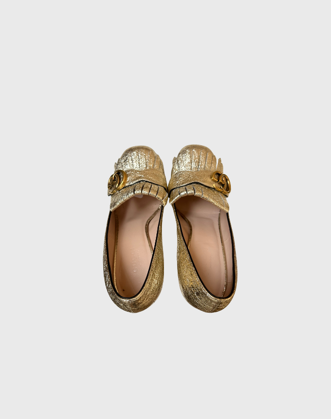 GUCCI GOLD FOIL LEATHER GG MARMONT FRINGE DETAIL BLOCK HEEL PUMPS - SIZE 36.5