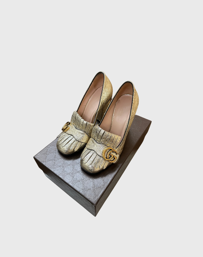 GUCCI GOLD FOIL LEATHER GG MARMONT FRINGE DETAIL BLOCK HEEL PUMPS - SIZE 36.5