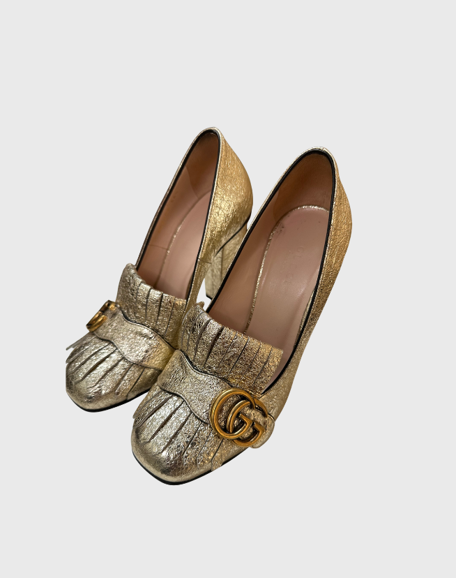 GUCCI GOLD FOIL LEATHER GG MARMONT FRINGE DETAIL BLOCK HEEL PUMPS - SIZE 36.5