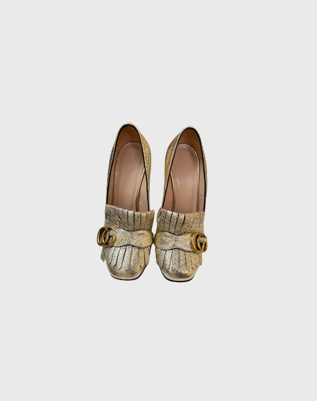 GUCCI GOLD FOIL LEATHER GG MARMONT FRINGE DETAIL BLOCK HEEL PUMPS - SIZE 36.5